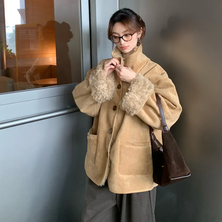 复古冬季新款两穿皮毛一体羊羔毛宽松加厚保暖毛毛外套女