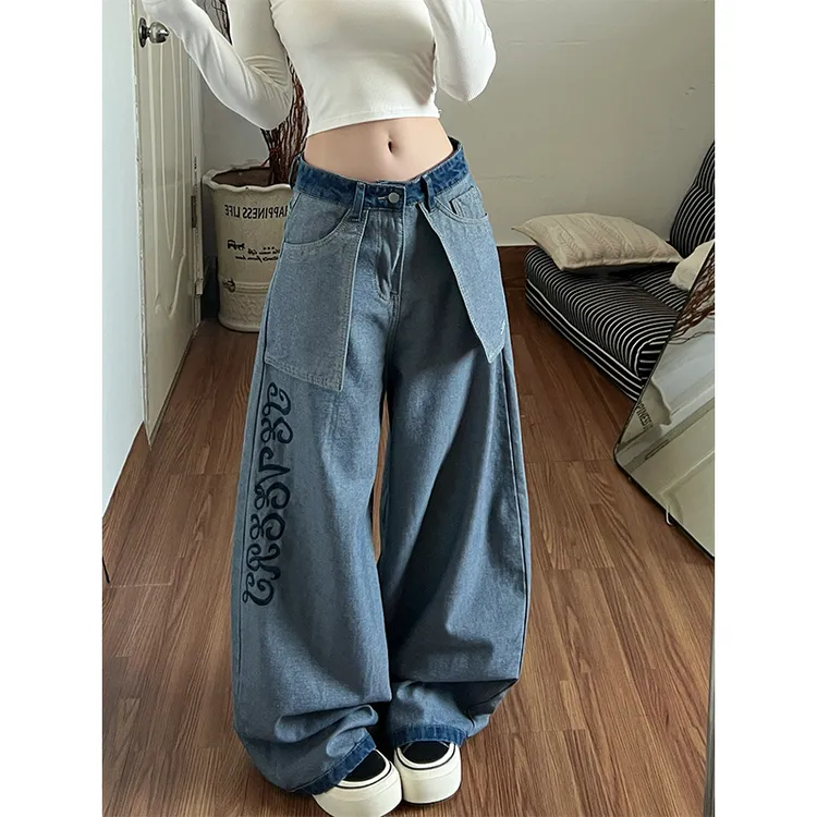美式复古字母刺绣弯刀牛仔裤女春季设计感小众宽松显瘦百搭阔腿裤