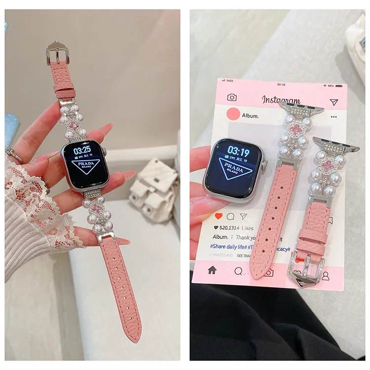 适用苹果iwatchS11S10UltraSE98女款Ins风甜美四叶草串珠真皮表带