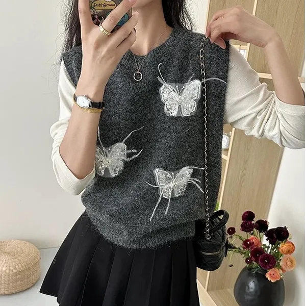 蝴蝶结设计马甲女法式圆领针织背心秋冬新款洋气叠穿坎肩上衣