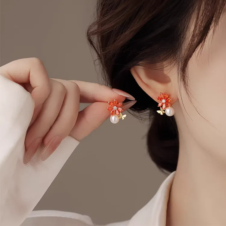 合金耳饰 时尚气质红色花朵蝴蝶耳环女轻奢高级感耳饰品秋冬耳钉