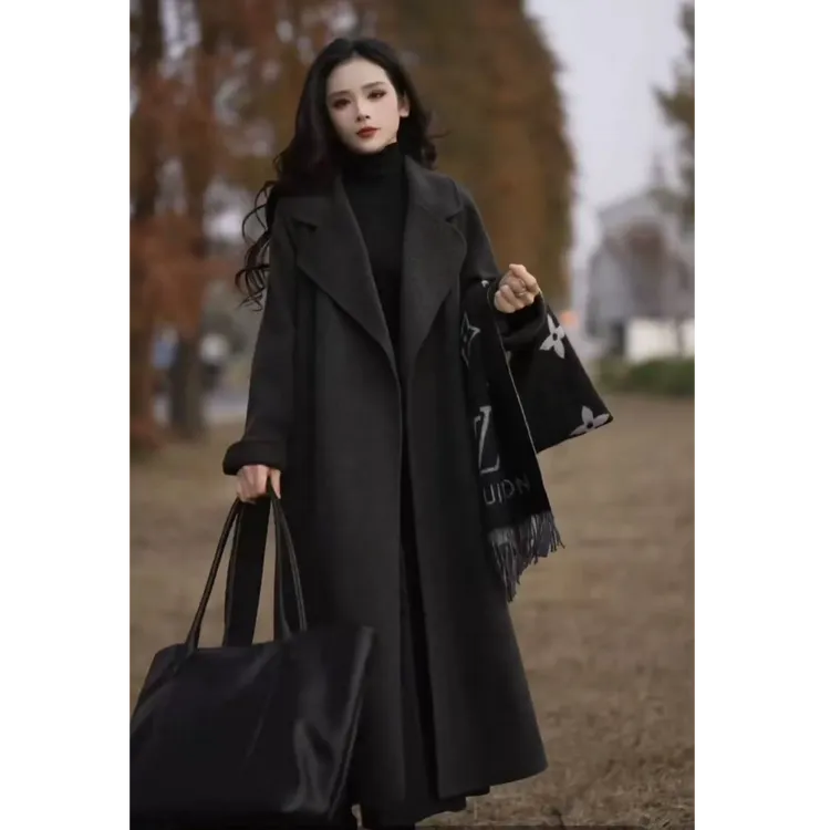 双面羊绒大衣双面毛呢外套宽松系带浴袍长款秋冬羊毛加厚9859