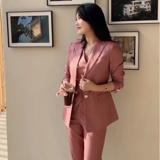 秋冬爆款胭脂粉长袖九分裤三件套西装