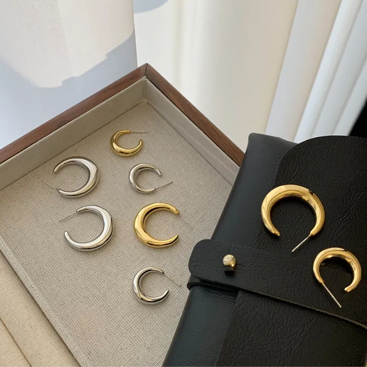 铜合金耳饰 月牙耳圈高级感圆圈耳环气质女百搭ins冷淡风