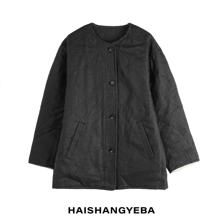【海上叶爸】新款2025秋冬百搭亚麻圆领菱形格单排扣长袖棉服