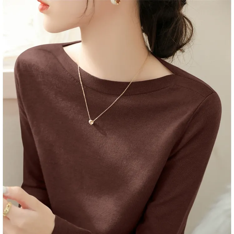 时尚法式简约套头修身打底长袖女装冬季一字领新款百搭上衣针织衫