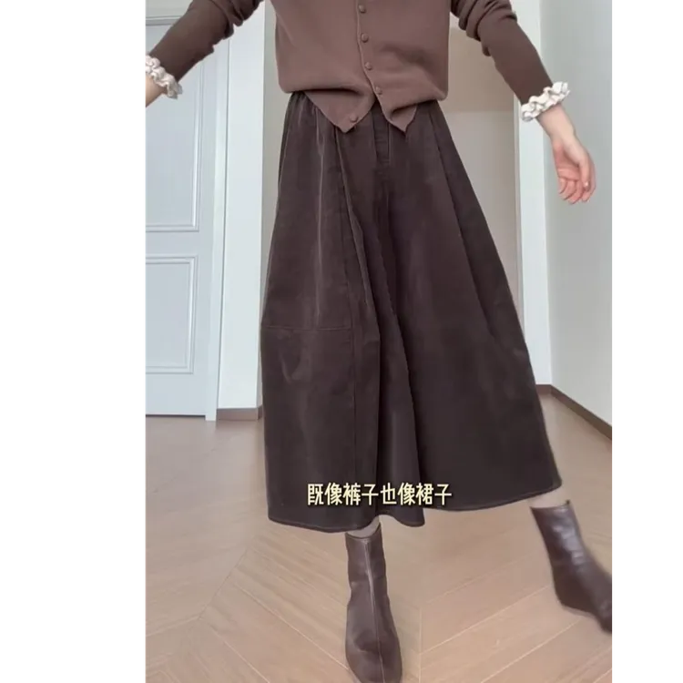 韩系高腰裙裤百搭休闲裤奶奶裤女加厚灯芯绒显瘦加绒阔腿八分裤