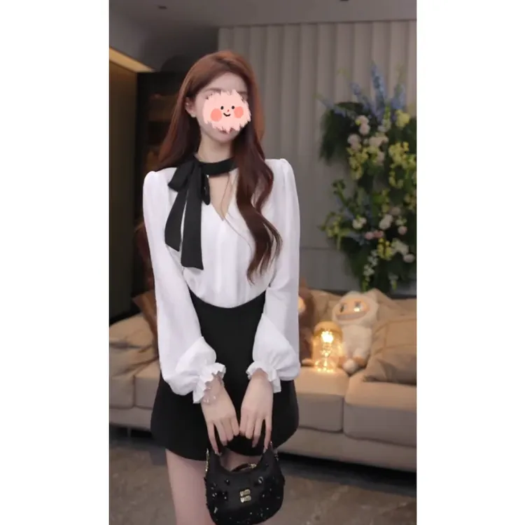 法式黑白V领气质衬衫显瘦上衣职场套装女春季a字高腰短裤两件套