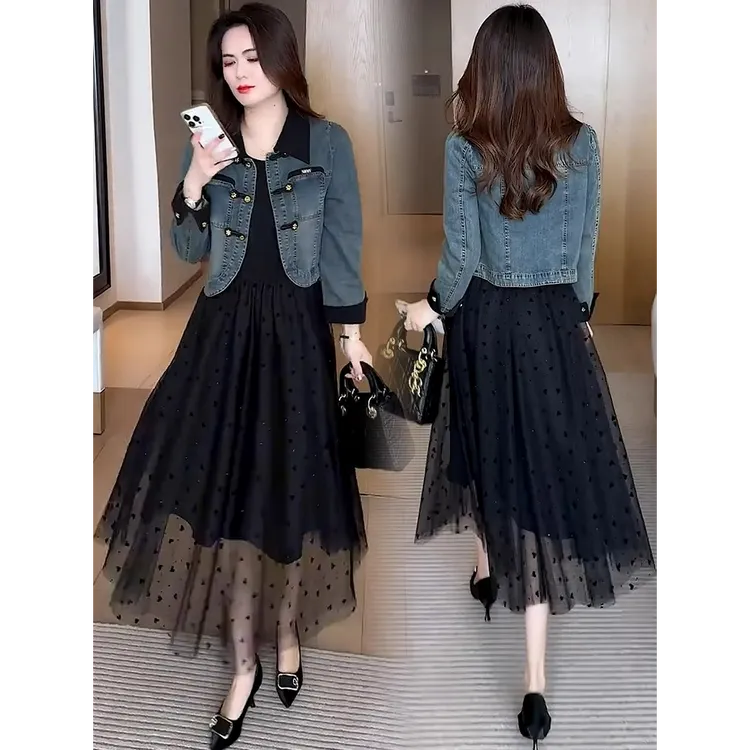 时尚连衣裙女2025春季新款洋气质显瘦短款牛仔外套网纱裙两件套潮