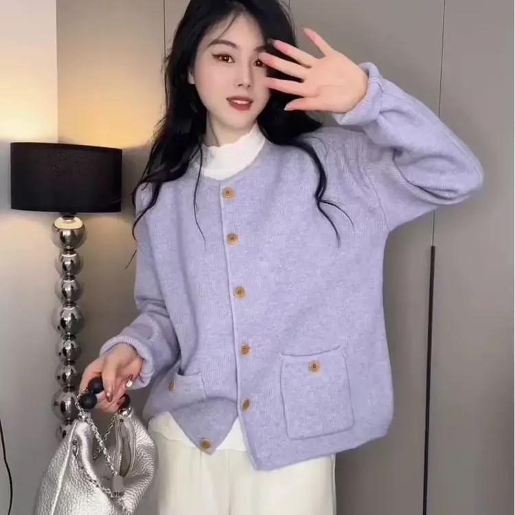 小香风针织开衫女2025春秋韩系圆领单排扣宽松显瘦百搭毛衣外套