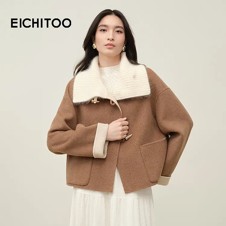 爱居兔绵羊毛温暖双面呢大衣2025年冬季新款女短外套EWDSJ4Q005A