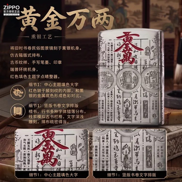 Zippo打火机正版 黄金万两熏银工艺 五面满雕古币煤油防风送礼