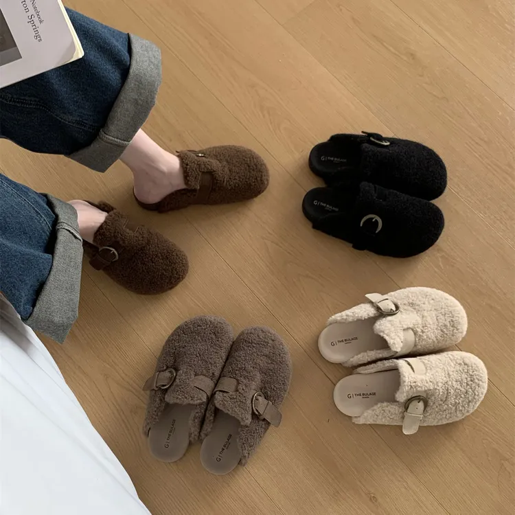 2025新款法式复古包头毛毛拖鞋女外穿半拖厚底勃肯鞋舒适棉拖鞋