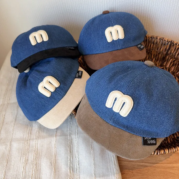 秋季个性水洗牛仔字母m撞色极简小童棒球帽男宝宝婴儿酷帅鸭舌帽