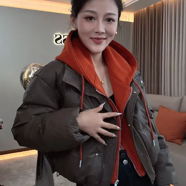 【耿老板448#P】卫衣帽假两件撞色皮衣精致短款面包服安心绒羽绒服