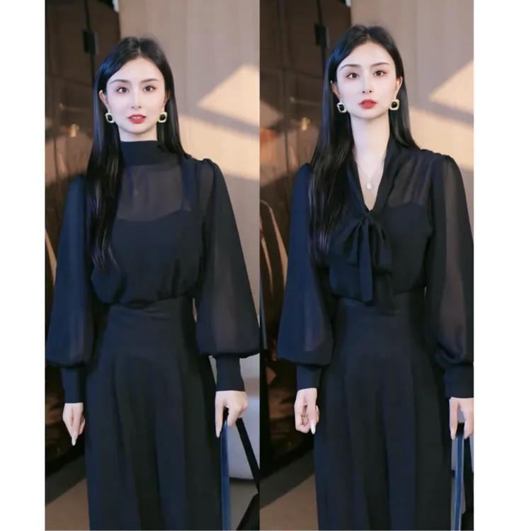 刘欣服饰2025新款秋装飘带V领显瘦气质网红减龄长袖洋气上衣9124