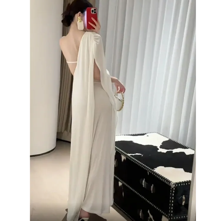 法式仙气飘带挂脖连衣裙女夏季御姐风气质露背裙子度假风a字长裙