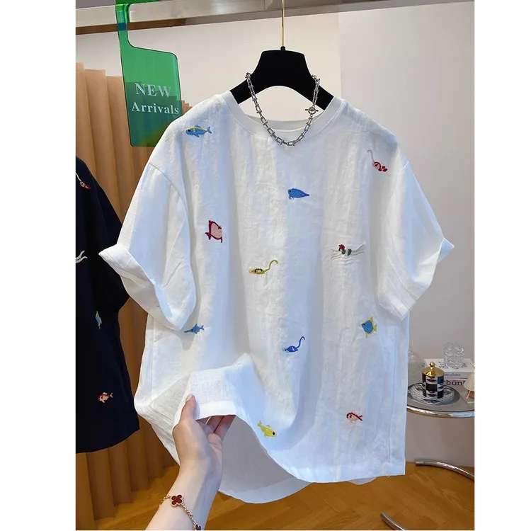 胖妹妹240斤大码高级感气质刺绣短袖T恤女装夏季宽松显瘦半袖上衣