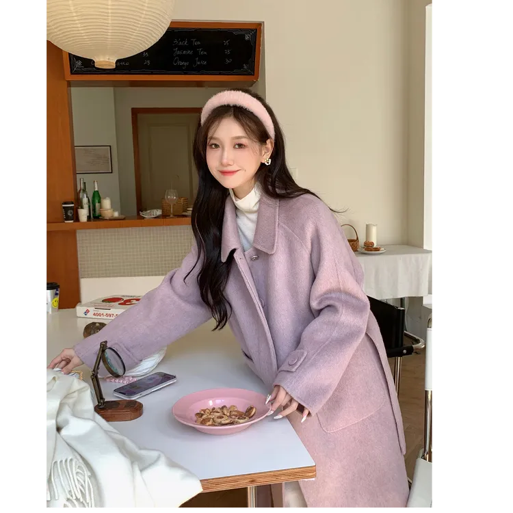 秋冬双面呢子大衣中长款复古赫本风温柔紫色毛呢风衣外套女