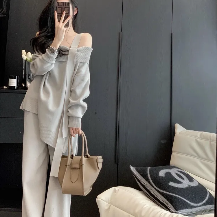 高级感一字肩毛衣女秋宽松慵懒风气质针织露肩上衣百搭休闲裤套装