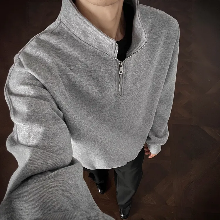 重磅420g灰色立领卫衣加绒男士长袖翻领春秋拉链款常规打底衫秋冬