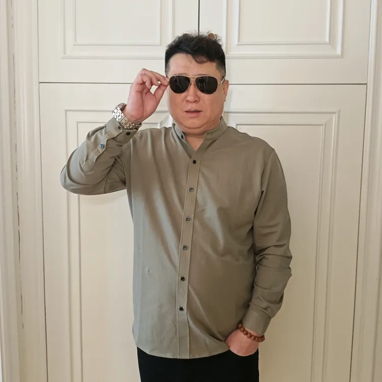 春秋时尚大码男士修身轻奢纯色商务休闲长袖立领衬衫中国风衬衣DJ