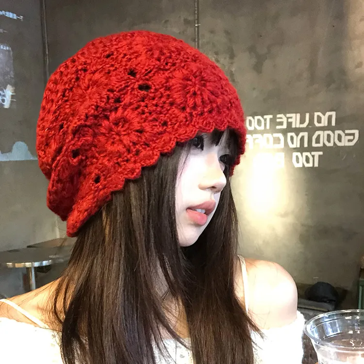 手工针织镂空包头帽子女款秋冬季大头围文艺百搭显脸小堆堆帽冷帽