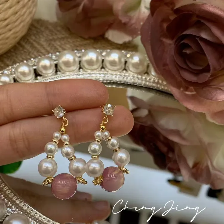 纯铜树脂耳饰 粉红高级感原创设计拼色几何耳环珠宝小众优雅耳饰