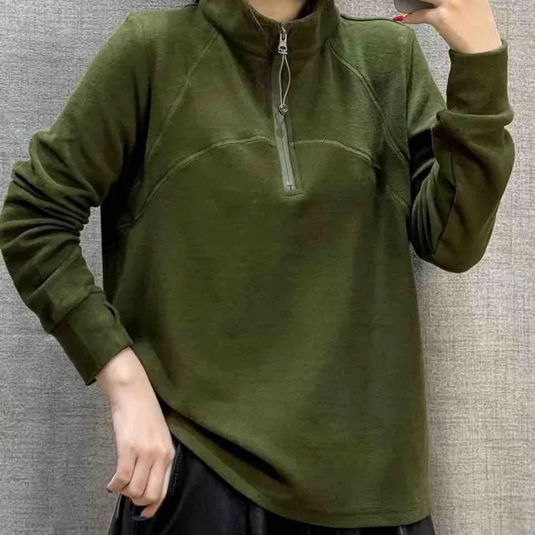 8932女款秋冬韩版保暖加厚女绒衫加绒卫衣休闲立领半拉链打底衫