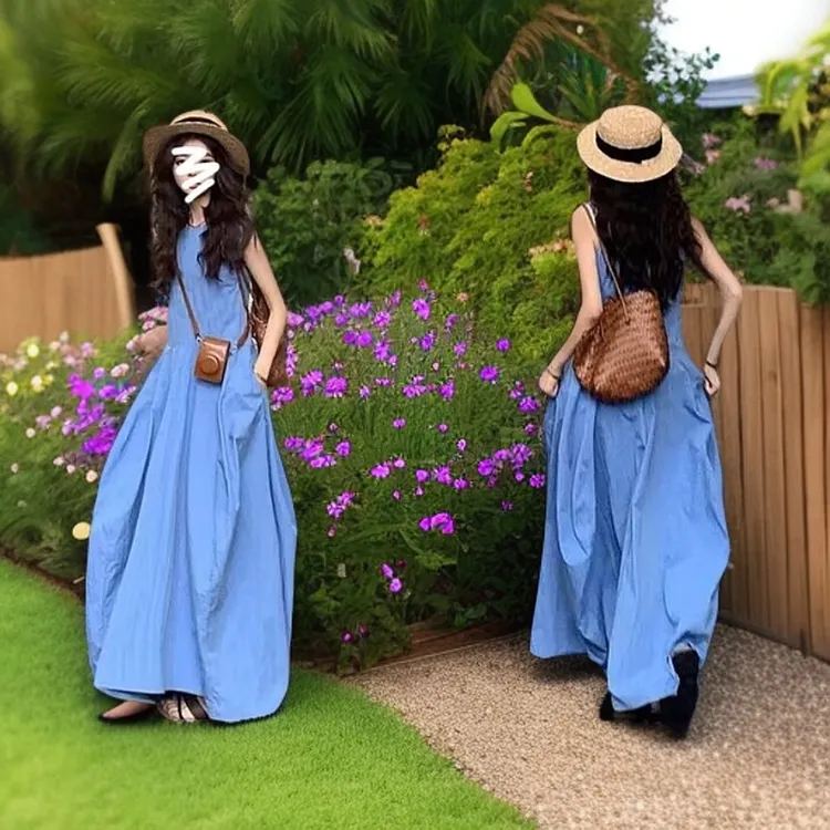 蓝色背心裙女夏韩版裙子设计感花苞裙无袖连衣裙气质度假长裙出游