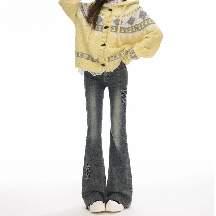 美式复古毛边微喇牛仔裤女爆款2025新款高腰显瘦设计感马蹄喇叭裤