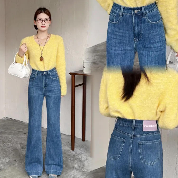 国风景泰蓝高腰直筒微喇裤四面弹软牛仔牛仔裤