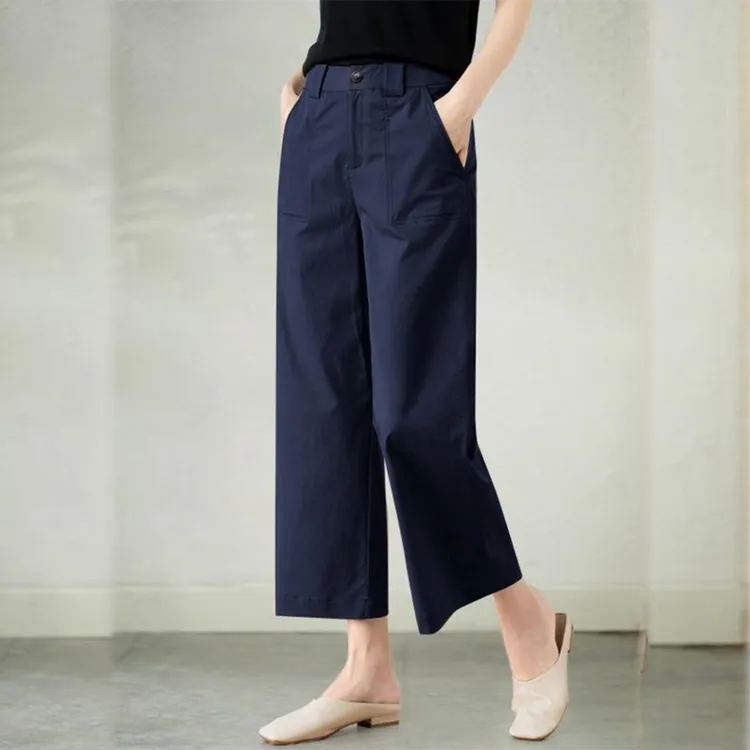 2026夏新款休闲九分裤女藏青色阔腿裤高腰宽松显瘦直筒裤