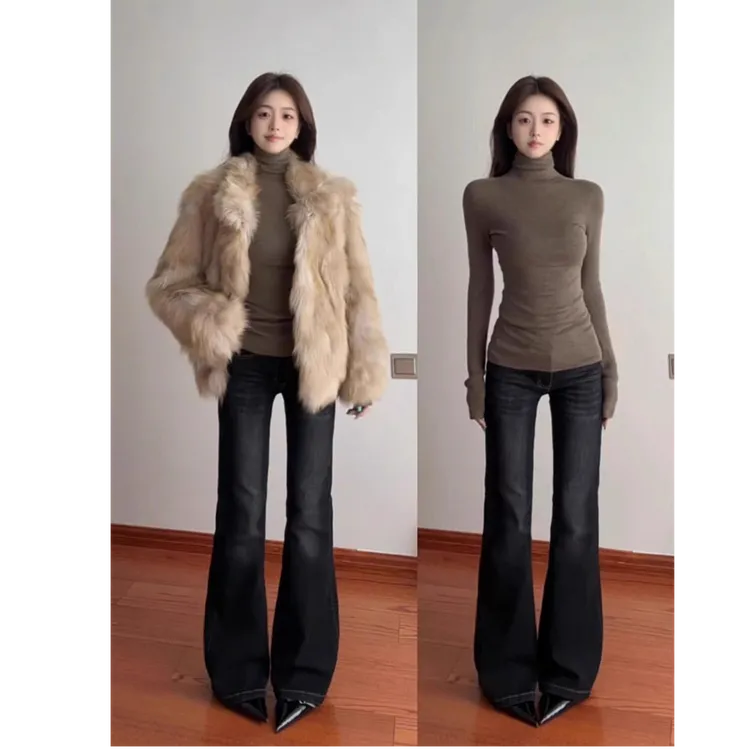 美式复古堆堆领高领辣妹女上衣秋冬厚内搭打底衫显瘦长袖T恤加绒