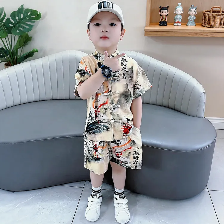 2026新款男宝哪吒衣服夏季汉服儿童礼服新中式国风唐中式短袖套装