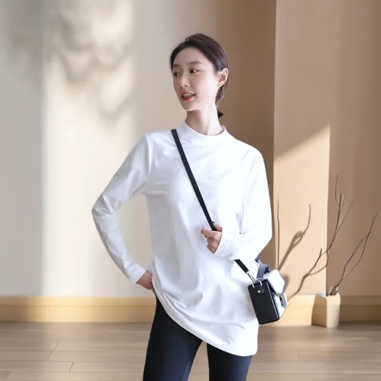 中长款白色打底内搭长袖T恤女长款遮屁股上衣半高中领立领打底衫