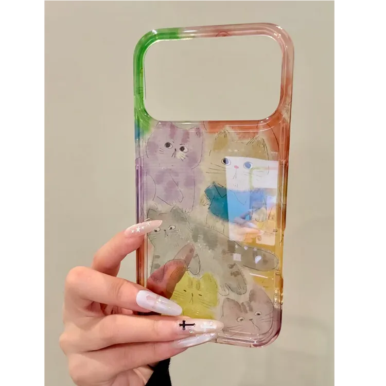 彩色晕染小猫适用苹果17promax/16手机壳可爱IMD包相机键卡通防摔