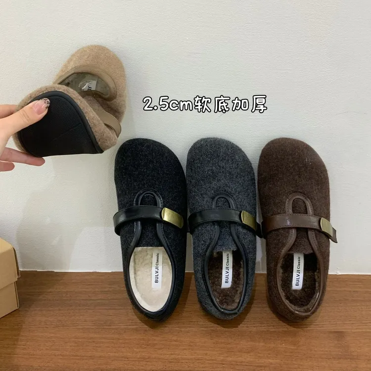 秋冬季加厚底毛呢毛毛鞋女外穿加绒棉鞋平软底保暖玛丽珍女豆豆鞋