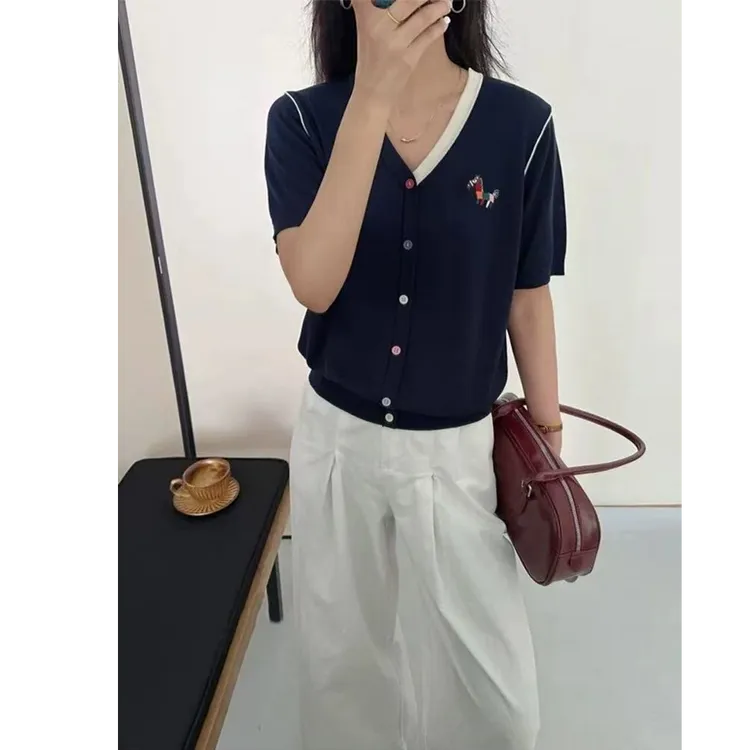 夏季设计感刺绣100莱赛尔天丝短袖针织T恤薄款透气显瘦1245