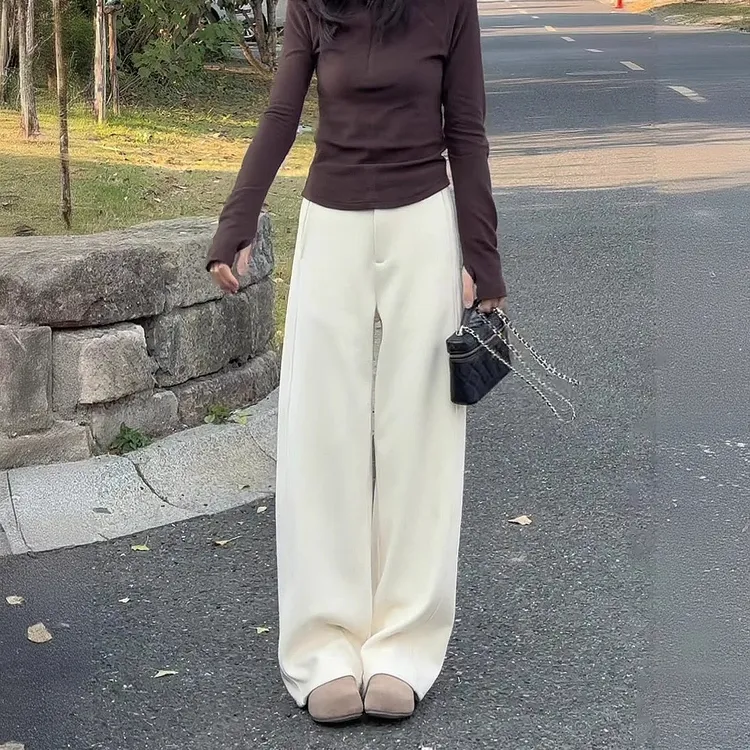 醋酸羊毛呢阔腿裤女2025新款冬季高腰显瘦通勤简约直筒休闲裤子