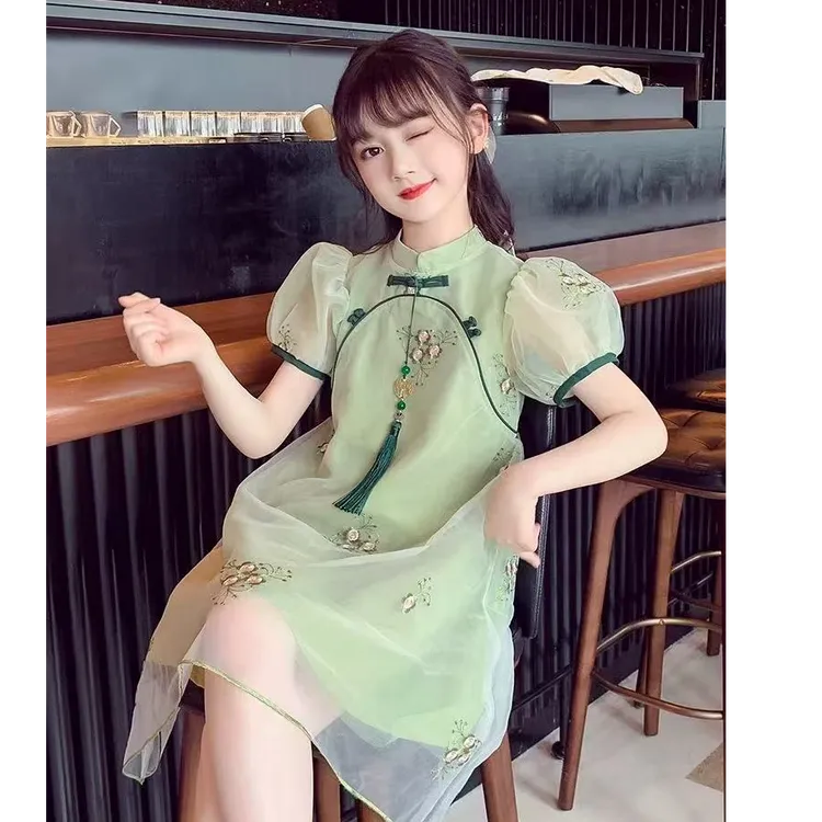 女童中大童夏季新款绿野仙踪甜美复古旗袍连衣裙洋气时髦百搭潮