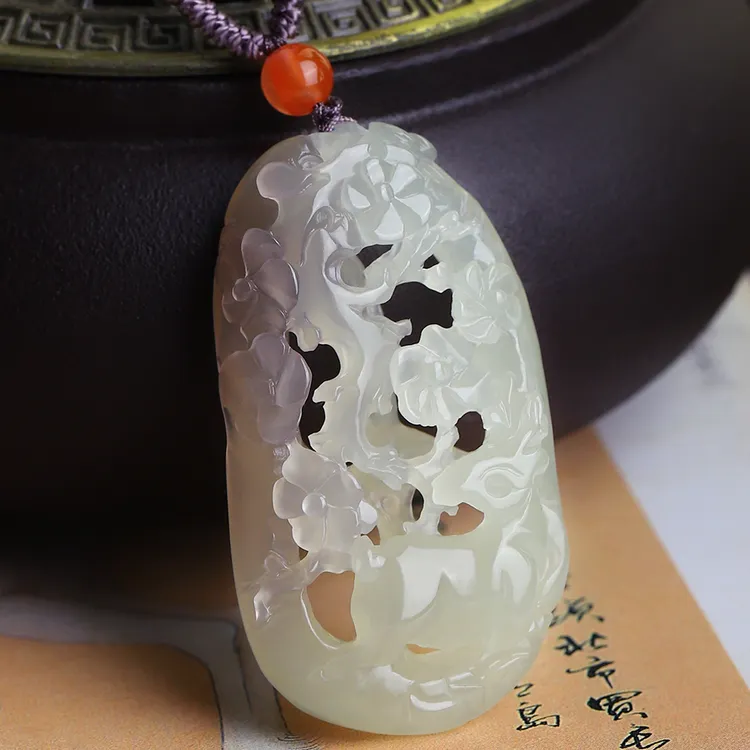 【孤品收藏】天然和田玉冰烟紫一鹿有你吊坠手工雕刻女款项链俏色