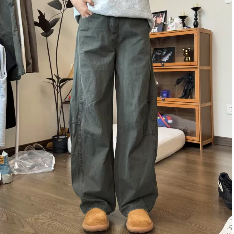四季美式复古洗褪baggy阔腿工装裤男女宽松直筒弯刀裤拖地长裤子