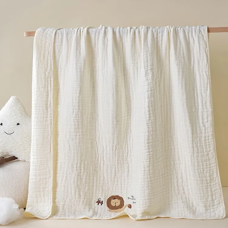 贝瑞拉浴巾六层竹棉素色泡泡纱绣花童被A类抗菌