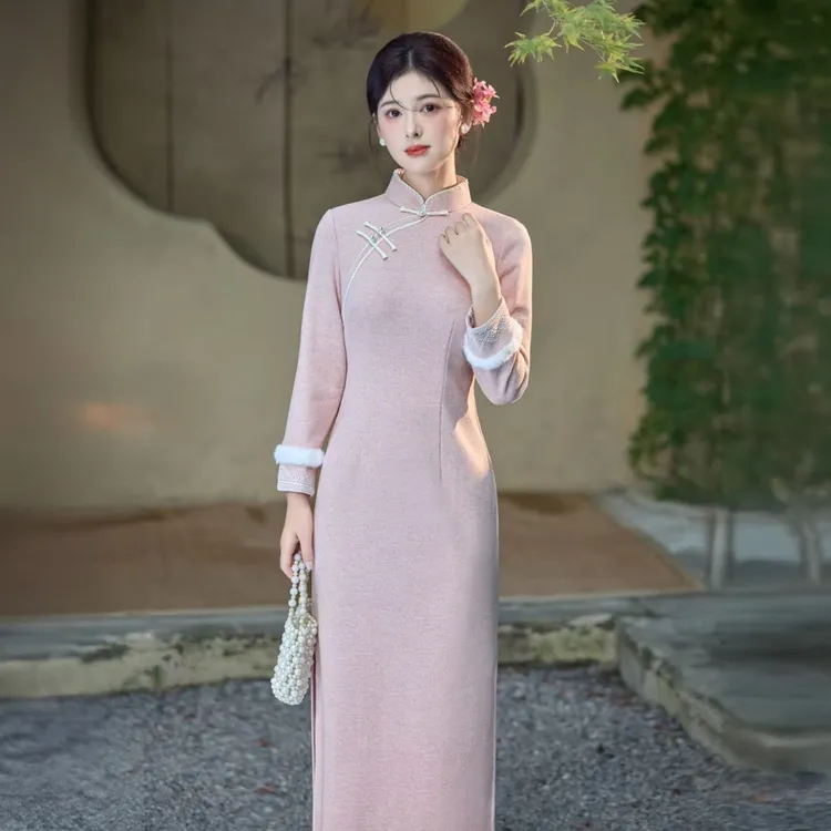 苏故里【叶语听风】新款冬季加绒加厚丝绒刺绣气质女人味显瘦旗袍