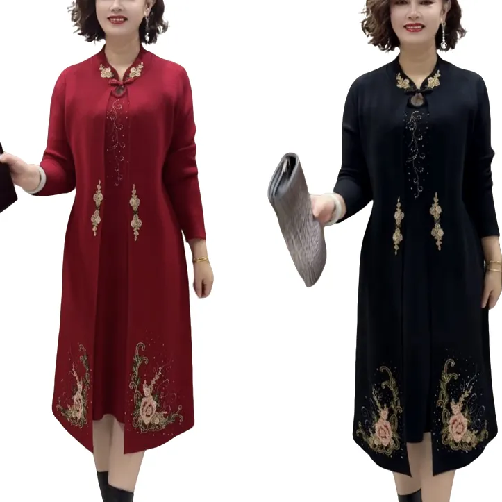 新款妈妈装假两件939款针织刺绣连衣裙时尚洋气轻奢弹力百搭