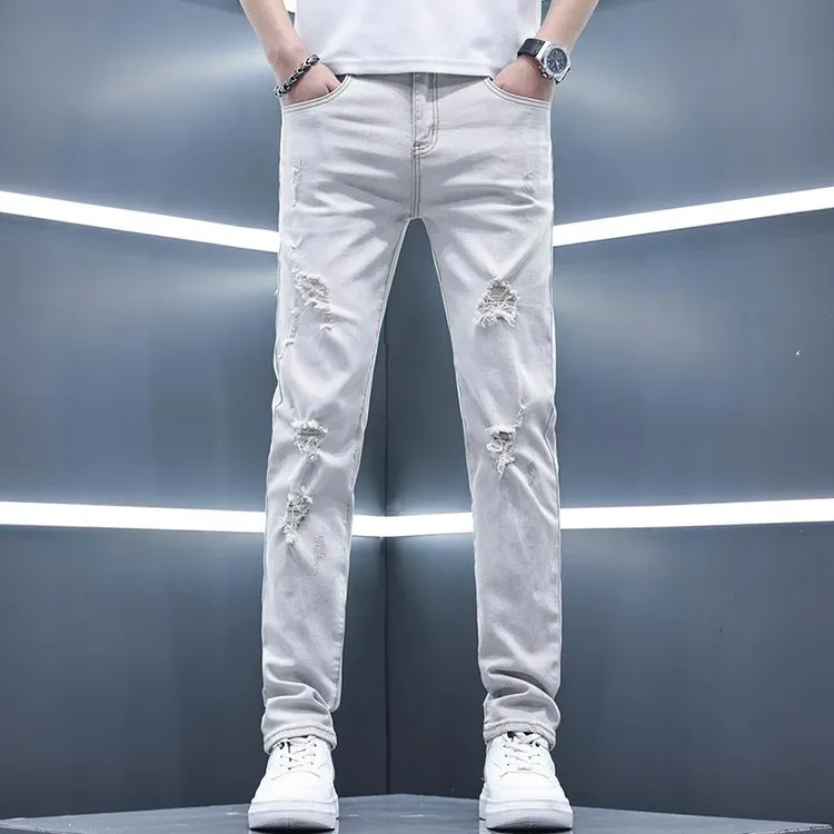 2025新款男士牛仔裤男夏季薄款潮牌破洞痞帅炸街修身小脚裤子男款
