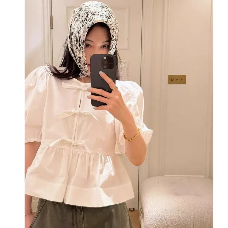 自制法式蝴蝶结系带短袖衬衫女镂空绑带泡泡袖减龄小个子上衣
