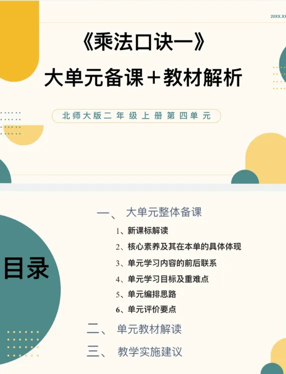 北师大PPT/2上4单元《乘法口诀一》大单元备课教材解析38页发网盘