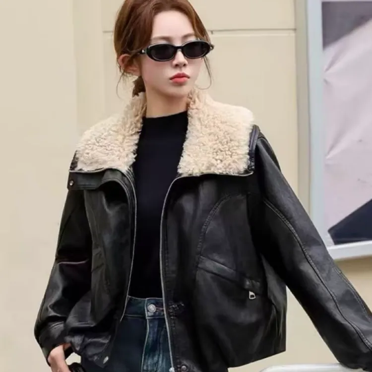 毛绒大翻领加绒加厚保暖皮衣外套女2025秋冬新款宽松显瘦上衣棉服